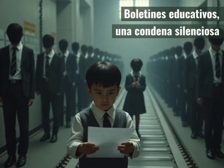 Niño en uniforme escolar sostiene un boletín de notas con gesto serio, mientras detrás de él una fila de estudiantes idénticos y sin rostro avanza como autómatas en una fábrica opresiva.