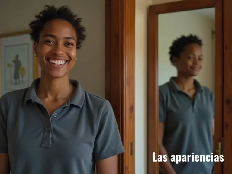 Persona sonriendo frente a la cámara, mientras en el reflejo del espejo aparece con una expresión diferente, representando el contraste entre lo que mostramos y lo que sentimos.
