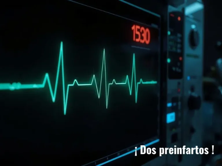 Monitor cardíaco mostrando un latido irregular con el texto ‘¡Dos preinfartos!’, reflejando el impacto del estrés y del piloto automático en la salud.