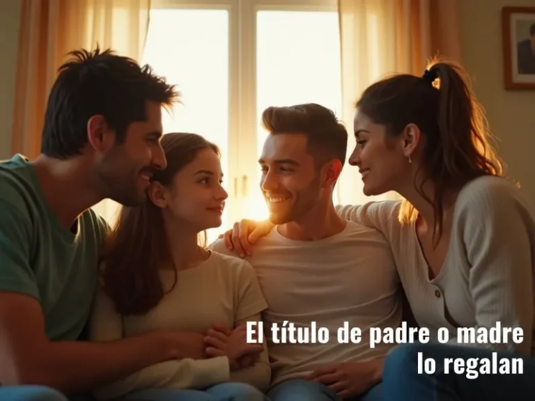 Familia conformada por papá, mamá, hijo e hija compartiendo un momento de cercanía y unión en casa, iluminados por la luz del atardecer.