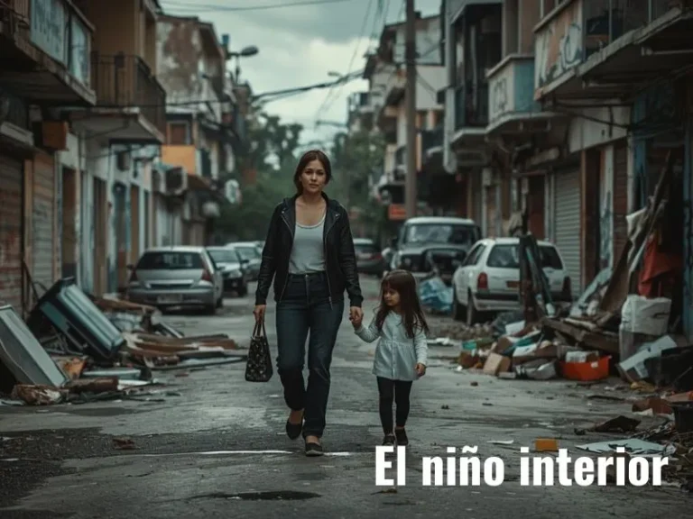 Mujer caminando decidida por una calle caótica mientras sostiene la mano de una niña idéntica a ella. Representa el proceso de reconciliarse con el niño interior, sanar la autoestima y aprender a confiar de nuevo.