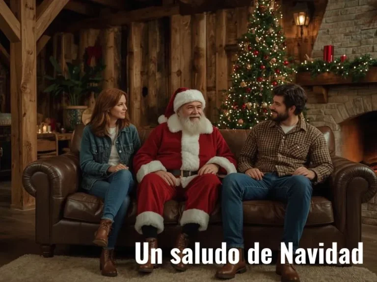Papá Noel sentado en un sofá conversando con dos personas, en una escena cálida y navideña que transmite cercanía y nostalgia.