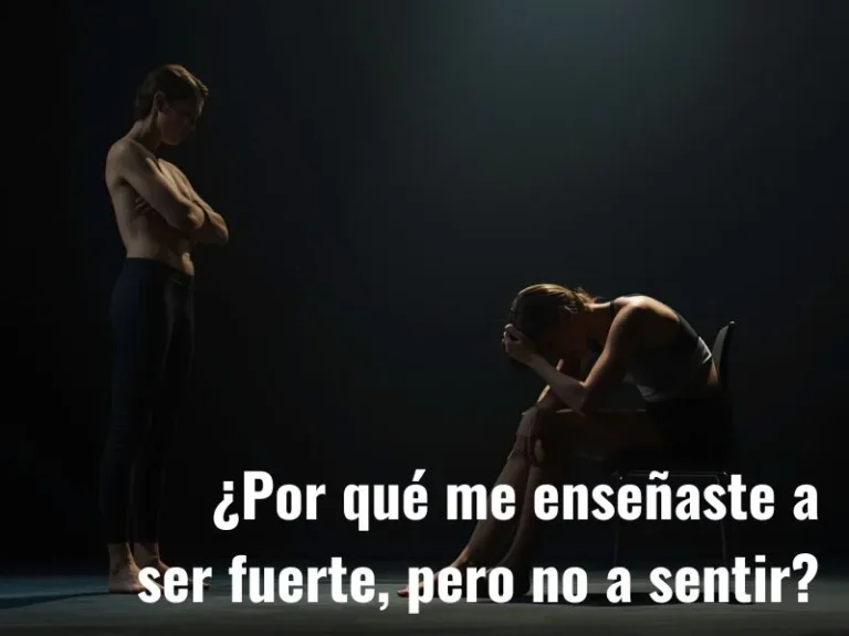 Dos personas en una escena minimalista con luz tenue; una de pie, con los brazos cruzados, y otra sentada con el rostro entre las manos, reflejando la tensión entre la fortaleza y la vulnerabilidad emocional.