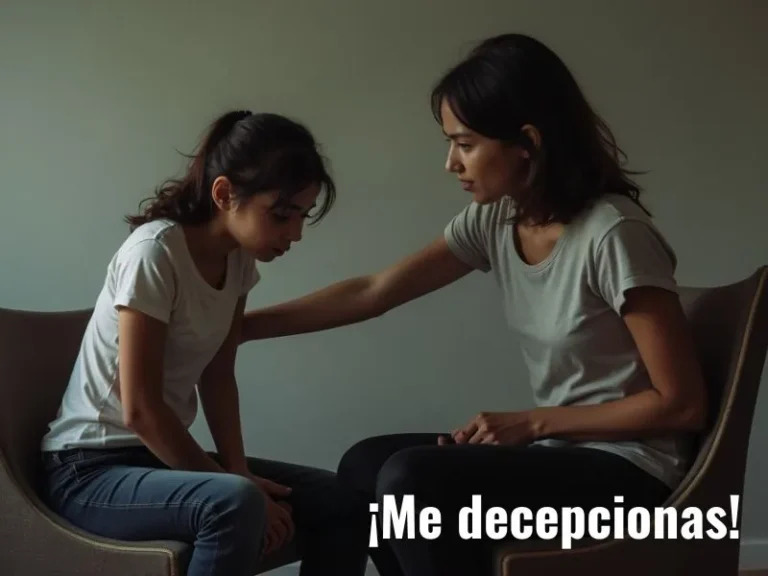 Una madre con expresión seria toca el hombro de su hija, que baja la cabeza con tristeza, ilustrando el impacto emocional de la frase “¡Me decepcionas!