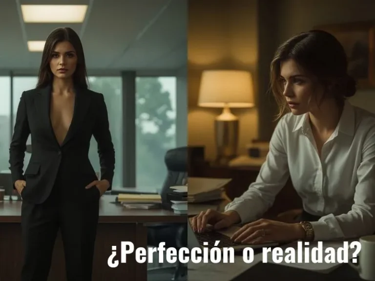 Imagen dividida en dos: a la izquierda, una mujer elegante y segura en una oficina impecable; a la derecha, la misma mujer, más natural y cansada, trabajando entre papeles y luz cálida. Representa el contraste entre la perfección aparente y la realidad auténtica.