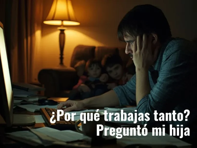 Padre trabajando de noche mientras sus hijos lo miran esperando que los mire a ellos.