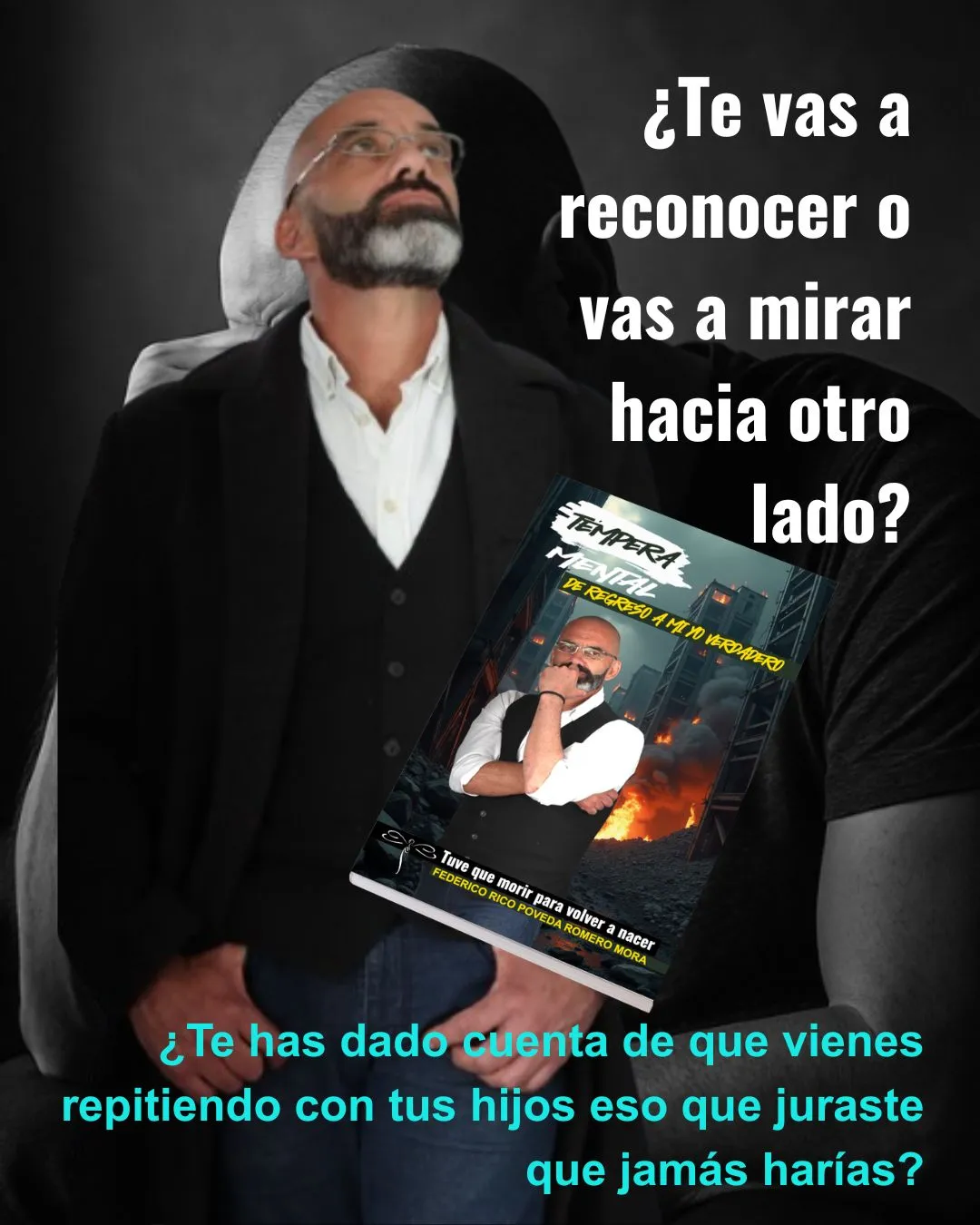 Hombre calvo y atractivo con barba, camisa blanca y chaleco oscuro y gaban. Libro «Témpera Mental».