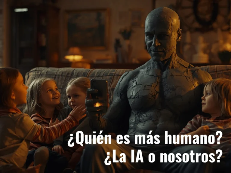 Padre convertido parcialmente en estatua de piedra, sentado en un sofá mientras varios niños lo miran y tratan de interactuar con él. El adulto sostiene un celular y parece ausente emocionalmente.