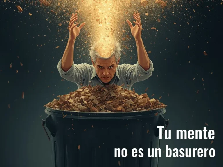 Hombre con expresión concentrada frente a un basurero lleno de papeles y humo saliendo de su cabeza, representando el concepto de filtrar la mente y no aceptar cualquier influencia. Texto en la imagen: ‘Tu mente no es un basurero
