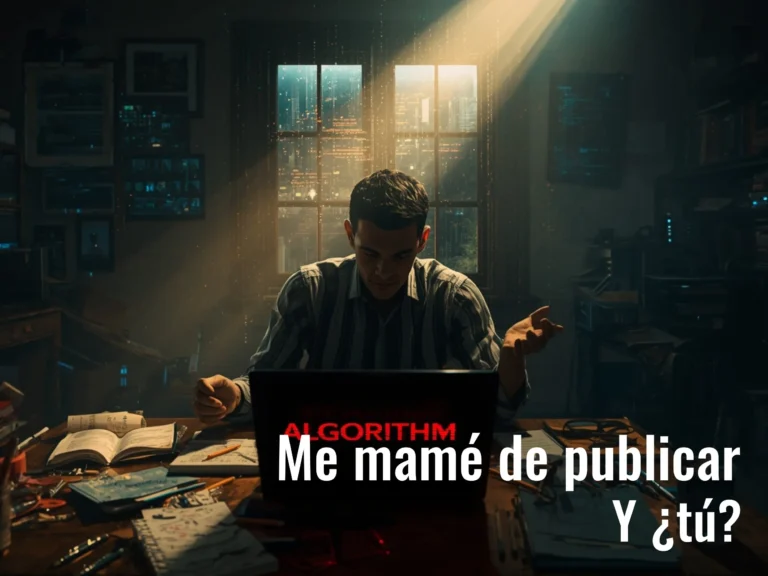 Un escritor solo, agotado, empuja un computador con la palabra “ALGORITHM” mientras cuadernos y pantallas se desordenan a su alrededor; un rayo de luz entra por la ventana, simbolizando libertad y autenticidad.