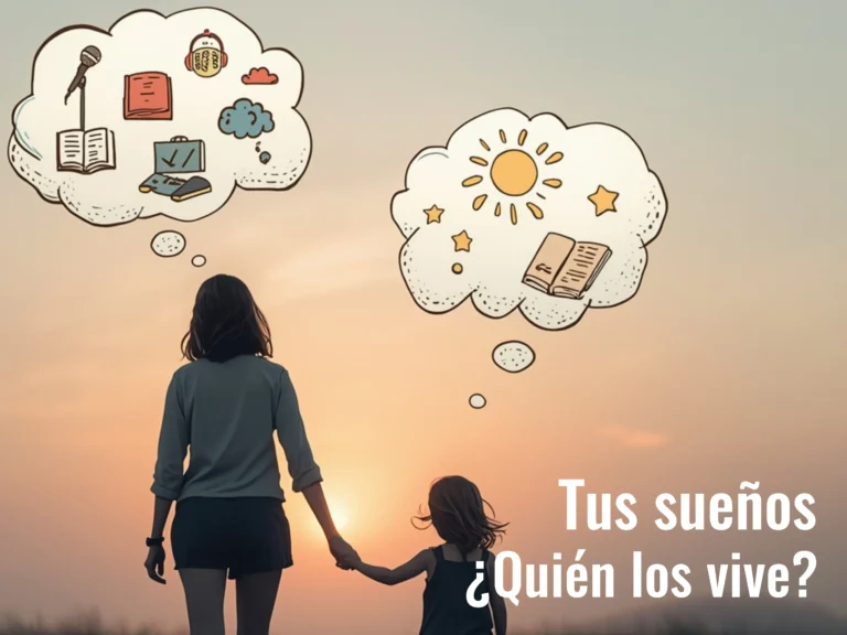Madre y su hija caminando de la mano al atardecer, cada una con una nube de pensamientos que representa sueños distintos, simbolizando la proyección inconsciente de los sueños de los padres en los hijos.